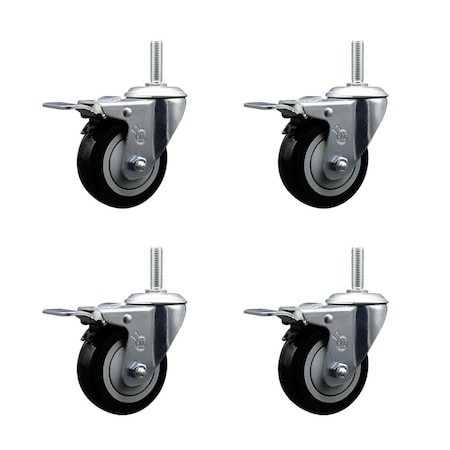 Service Caster 35 Inch Black Polyurethane Swivel 58 Inch Threaded Stem Caster Set with Total Lock Brake SCC-TSTTL20S3514-PPUB-BLK-58212-4